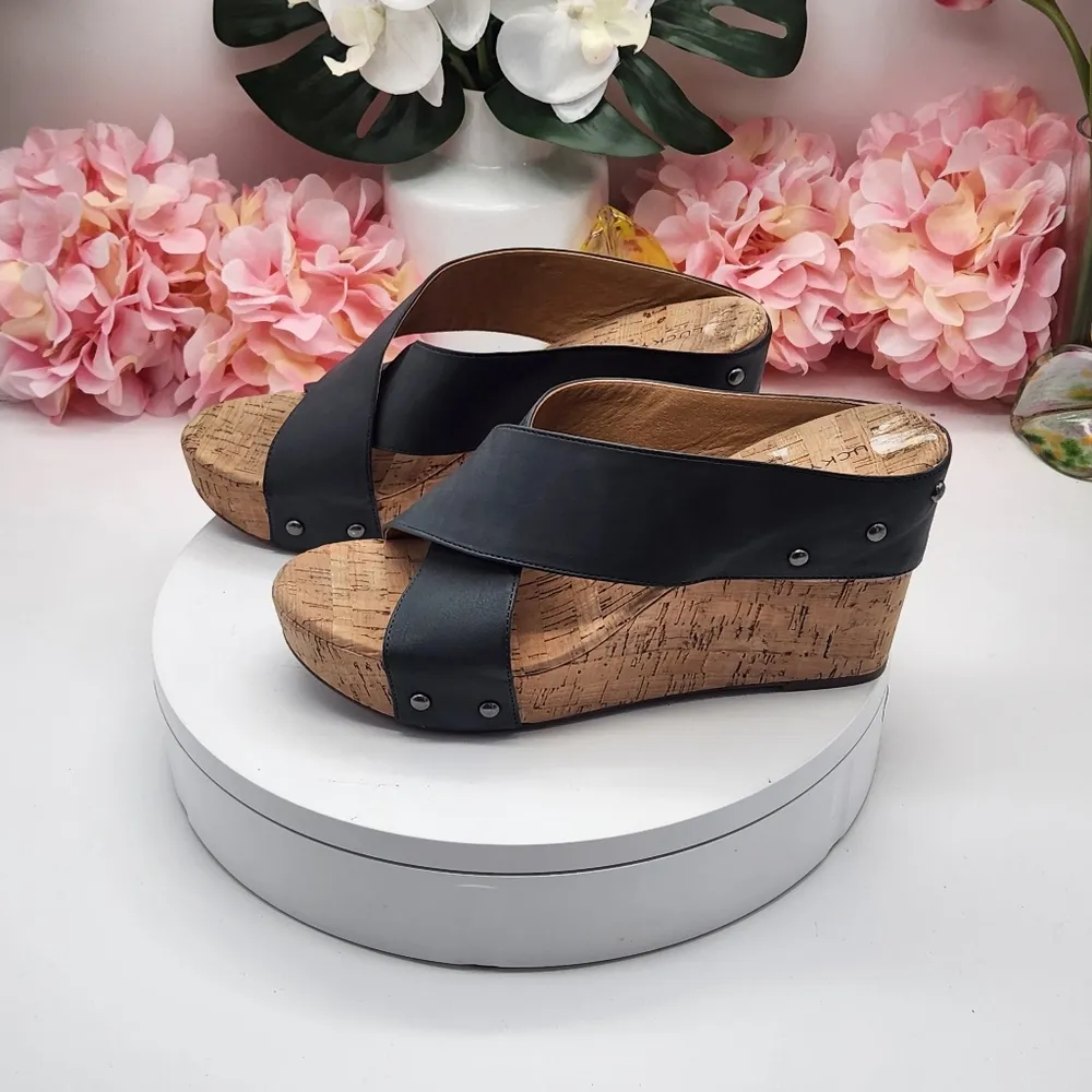 Lucky Brand Shoes Wedges Cork Studded X-Band Steel Mykala Black Women's  Sz 9 - Image 3