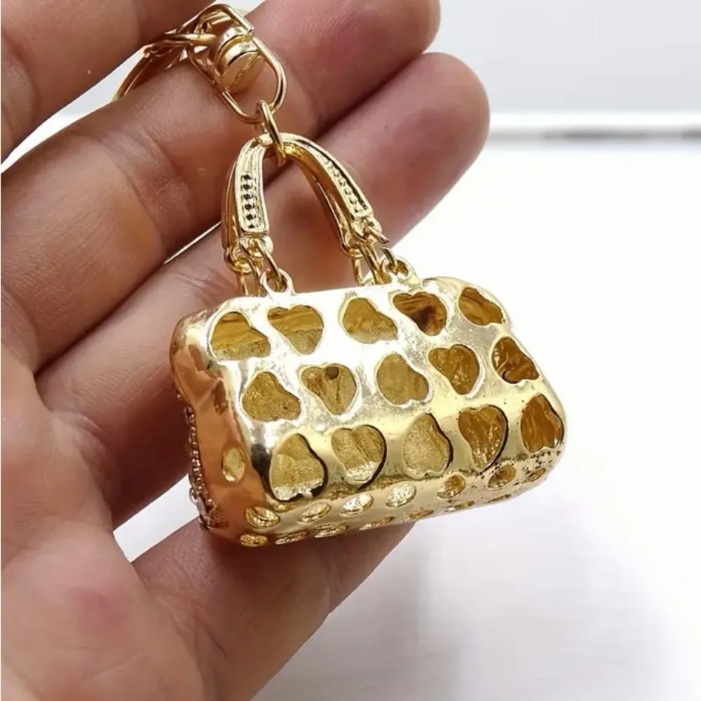 Turquoise & Gold Rhinestone Purse Bag Charm Keychain – Luxury Bling Accessory - Image 3