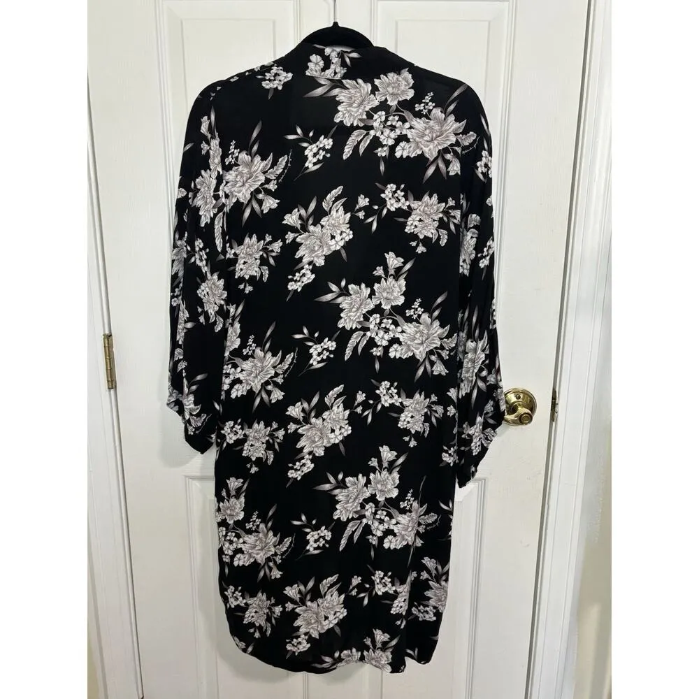 Spiritual Gangster Maya Black Floral Kimono Robe One Size Tie Front Pockets - Image 3