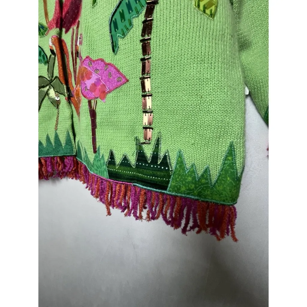 Design Options Vtg Phillip & Jane Gordon Green Flamingo Sequin Cardigan Wmn Sz M Size M - Image 2