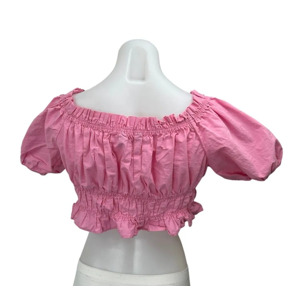 Zara Women's Pink Off The Shoulder Short Puff Sleeve Ruffle Crop Top Size L - Image 2