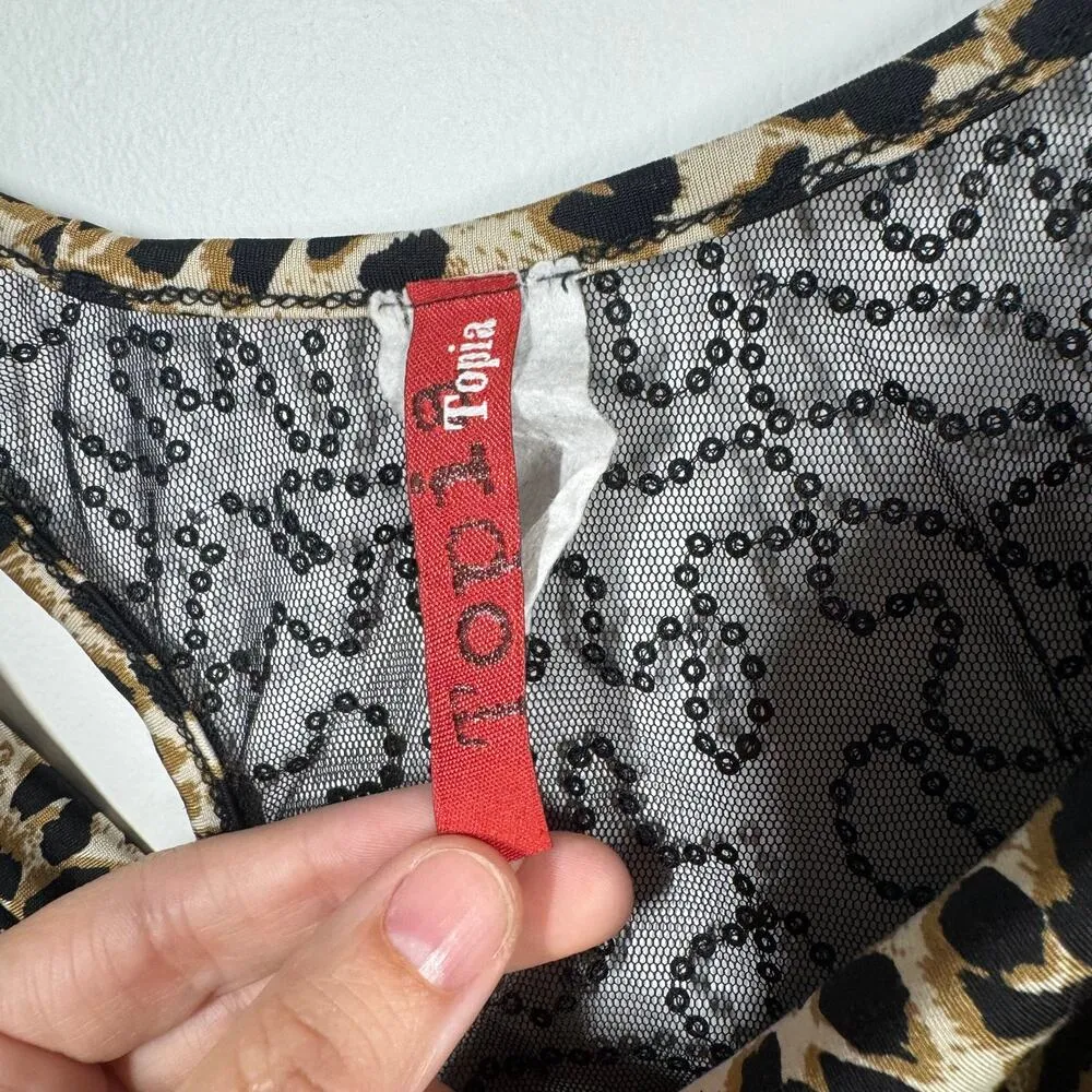 Topia Tank Top Women S Black Brown Leopard Sequin Bling Mesh Y2K Ruched Vintage - Image 4