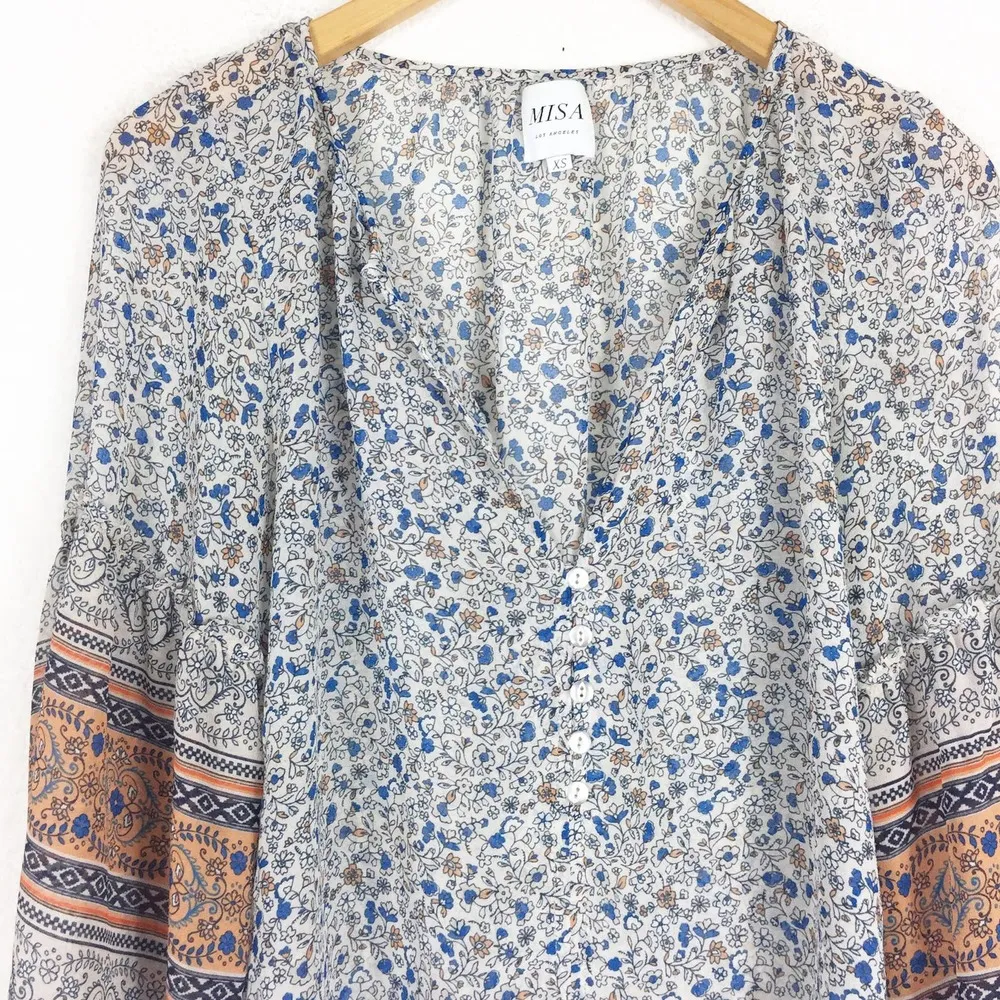 Misa Los Angeles Blue Floral Balloon Sleeve Blouse Size XS Boho Tribal - Image 7