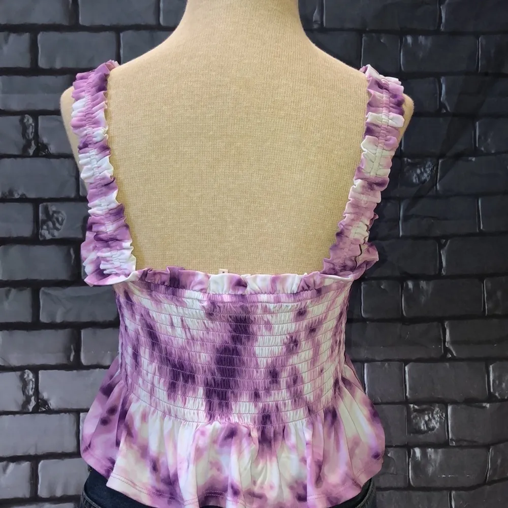 *BCBGeneration Purple Tie-Dye Smocked Cami Ruffle Trim Top Size Medium - Image 2