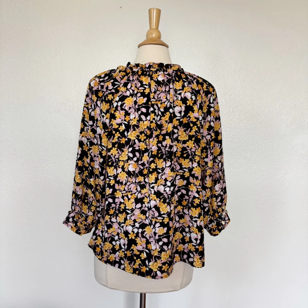 Black, Yellow, & Pink Floral Ruffle V-Neck Button Front Blouse - Image 4