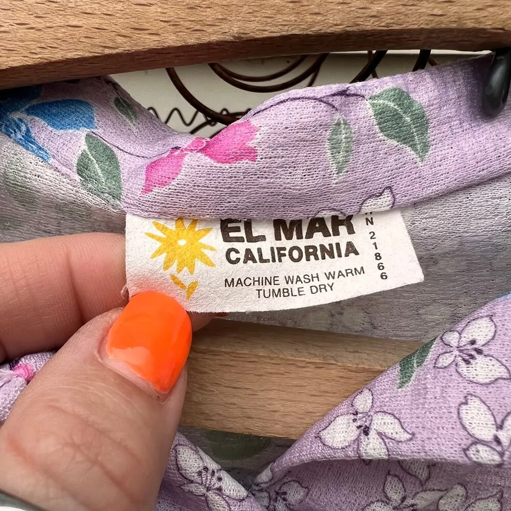 Vintage El Mar California purple floral puff sleeve crepe button down blouse Size L - Image 4