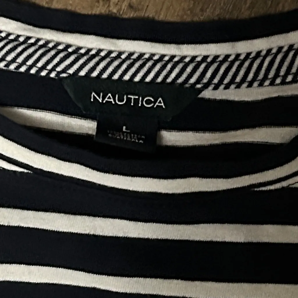 Nautica Shirt Womens Large Blue‎ White Striped Nautical Tie Sleeve 100% Cotton - Image 3