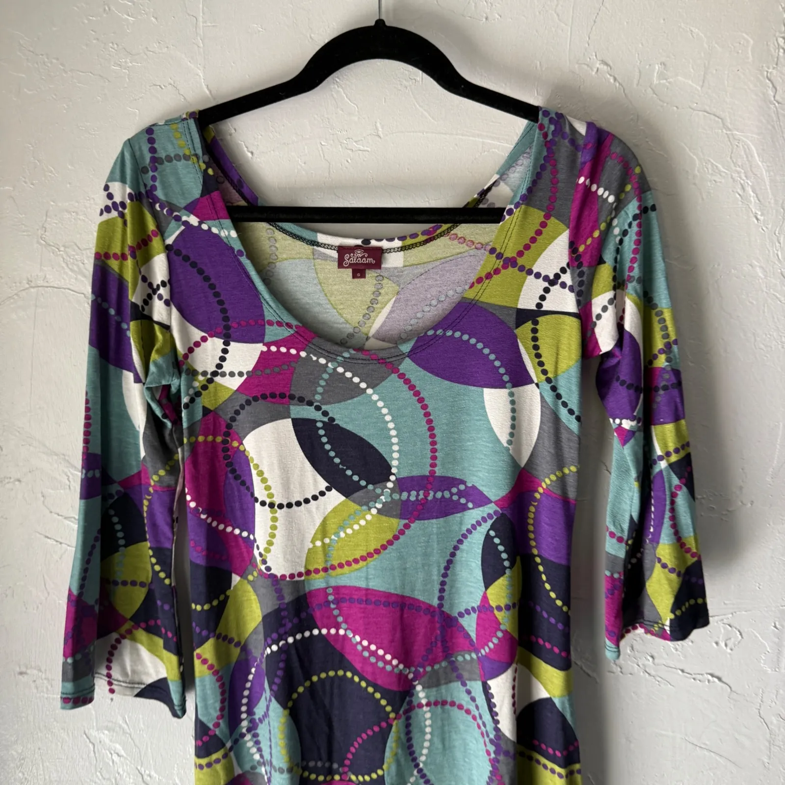 Salaam Dress Small Teal Purple Green Abstract Print 3/4 Sleeve Casual Boho Artsy - Image 2