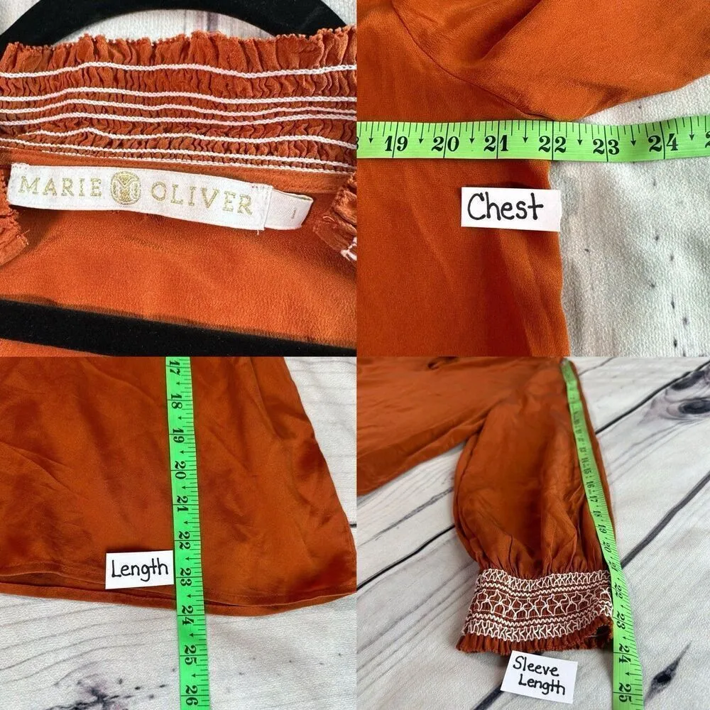 Marie Oliver Large Rust Burnt Orange Silk Blouse Peasant Top Embroidered Boho - Image 8