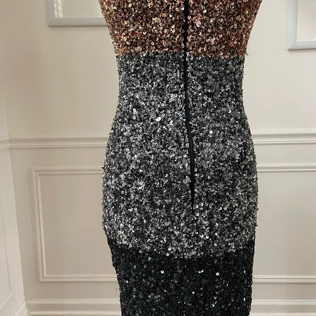 French Connection Sequin Cocktail Dress Metallic Colorblock Stripe Gold Silver 4 - Image 6