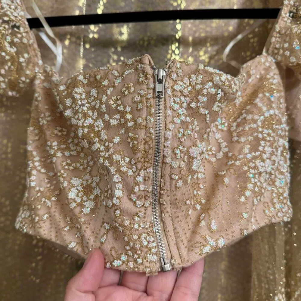 BLITHE Skirt Shorts Top Set Nude Sparkly Gold Glittery Mesh Girly Outfit XS/S - Image 5