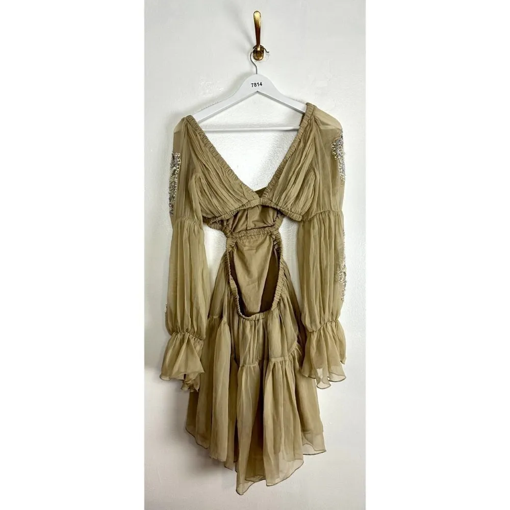 ASOS DESIGN Embellished Waist Cutout Long Sleeve Dress in Stone Size US 0 - Image 7