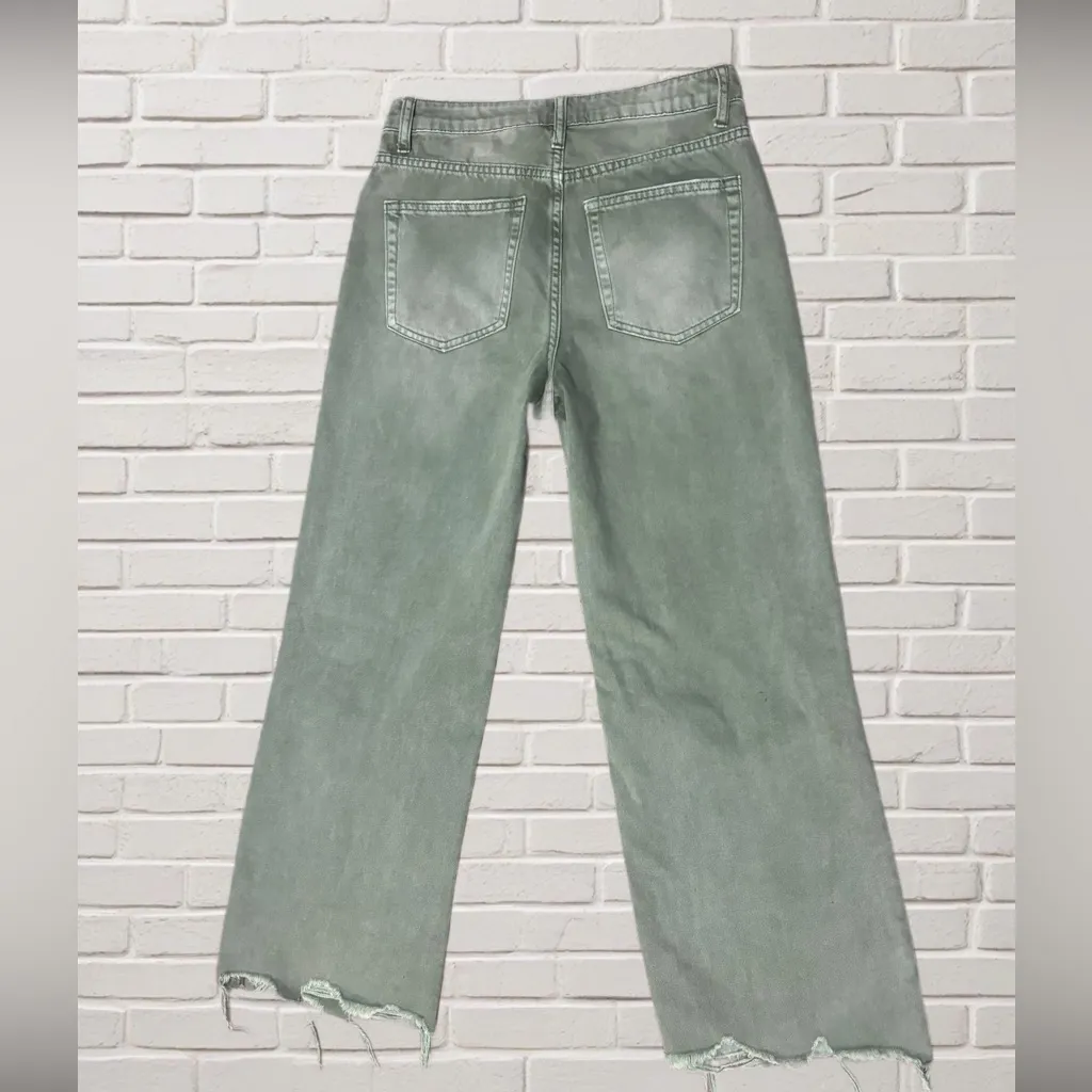 Vervet Sage Green Distressed Wide Straight Leg Jeans Size 26 High Rise Raw Hem - Image 2