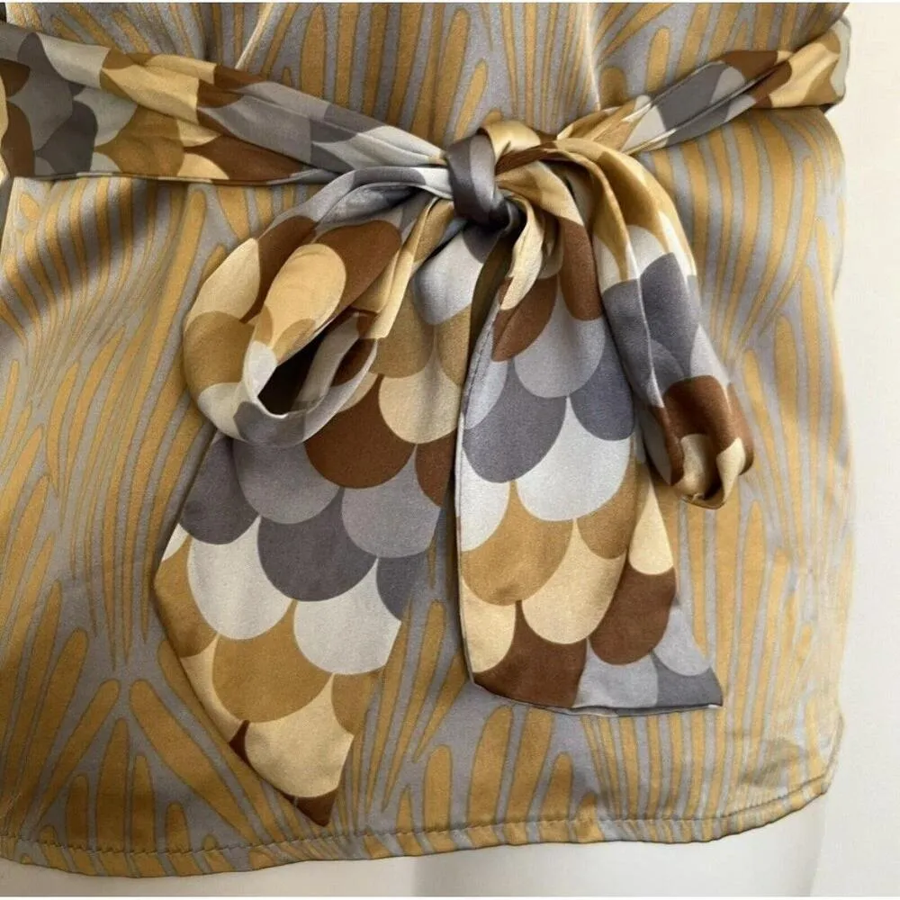 ALICE & TRIXIE SILK Blouse top LARGE geometric Tie Back tan Beige Womens - Image 9