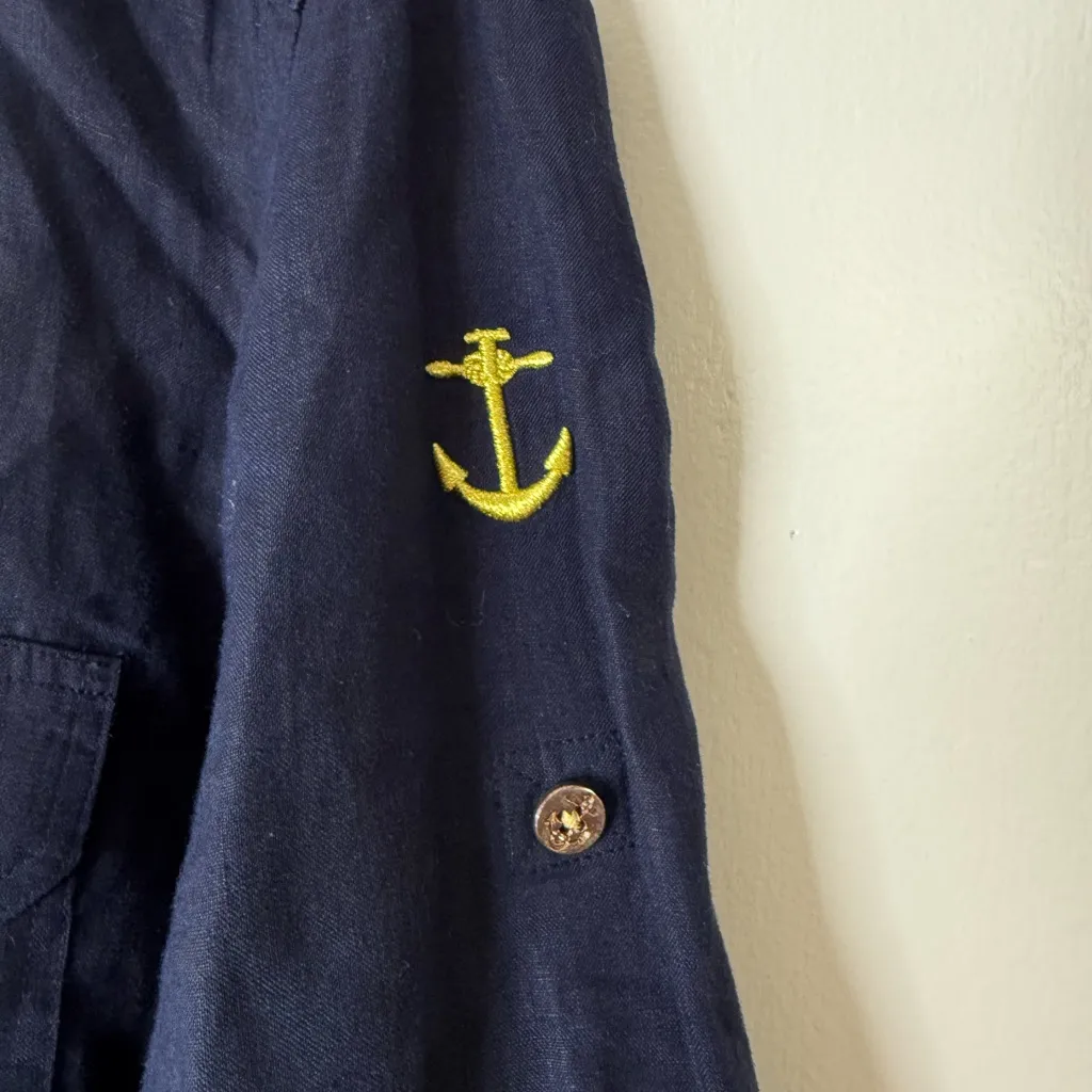 Lauren, Ralph Lauren, navy blue linen, button-down, embroidered anchor shirt XL - Image 2
