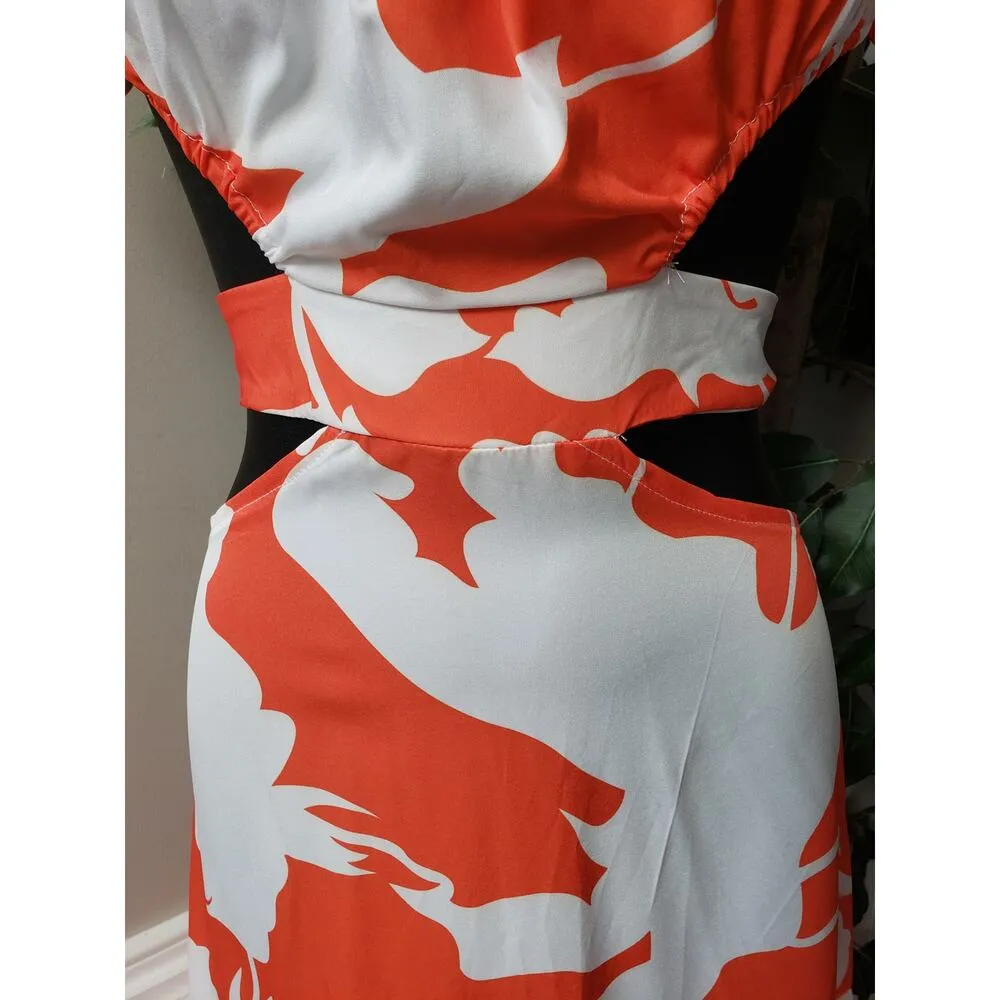 Womens Long Maxi Dress S White Orange Floral Back Cut Out Round Neck Puff Sleeve - Image 12