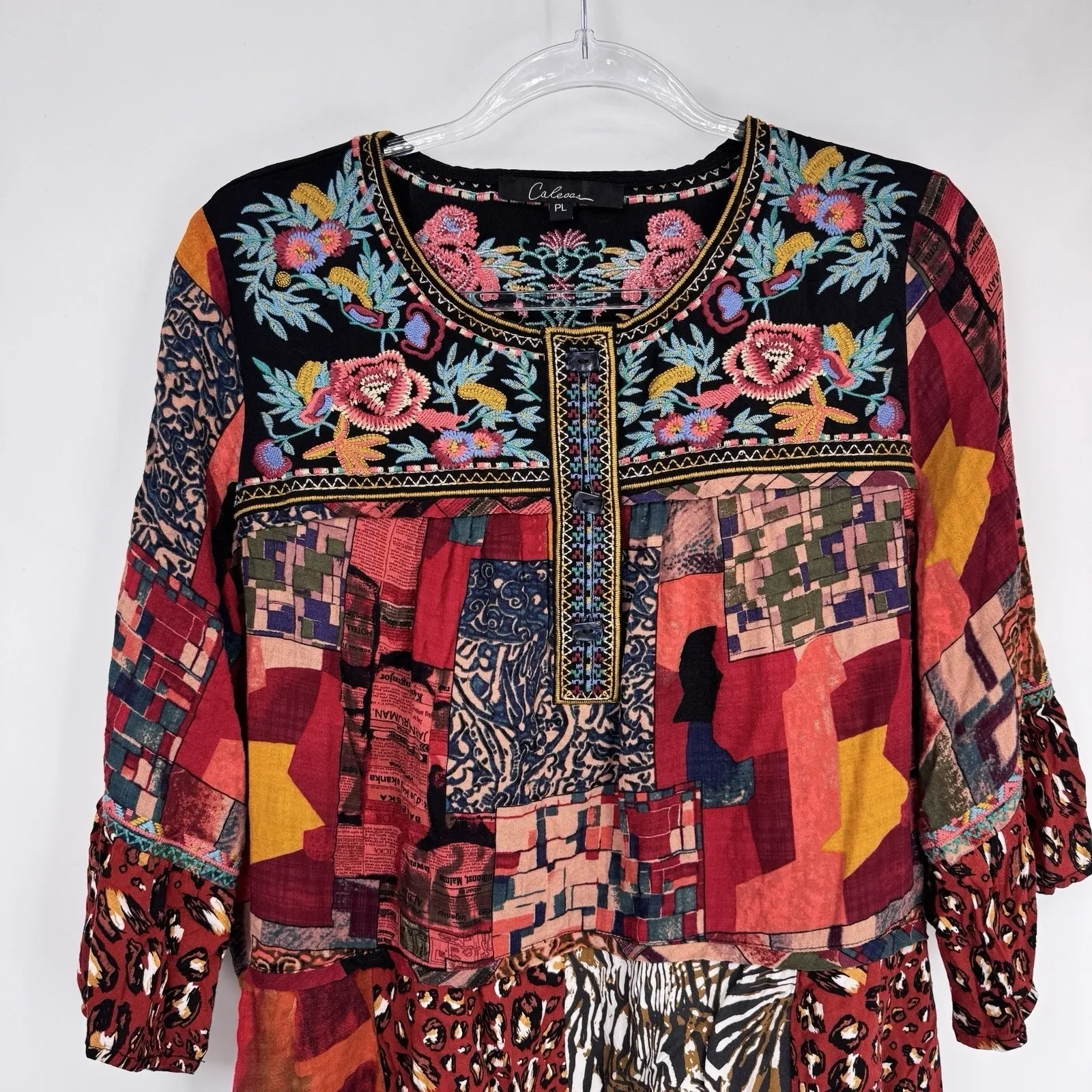 Calessa Top Womens PL Black Animal Print Floral Embroidered Boho Polyester Size undefined - Image 2