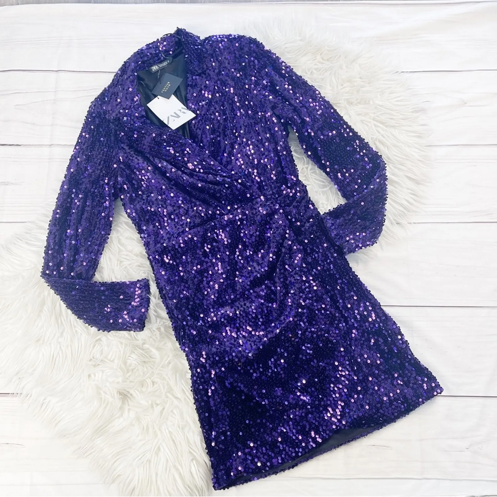 Zara Purple Sequin Long Sleeve Faux Wrap Blazer Dress‎ Size Medium - Image 2
