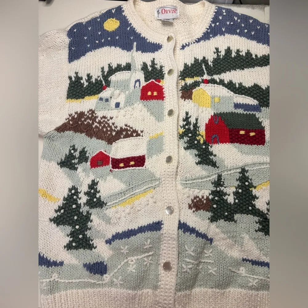 Vintage Orvis 3D Cardigan 90s Embroidered Snowy Town Village Sweater Size Medium - Image 5