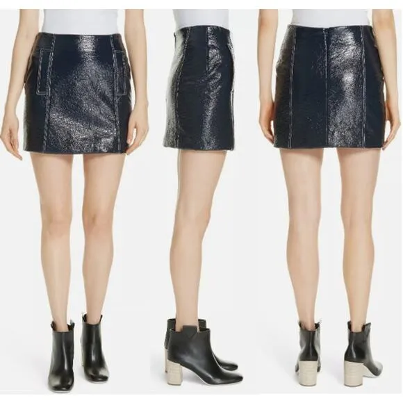 Ba&sh Crinkle Patent Faux Leather Mini Pencil Skirt Dark Navy Blue Size 1 /Small - Image 2