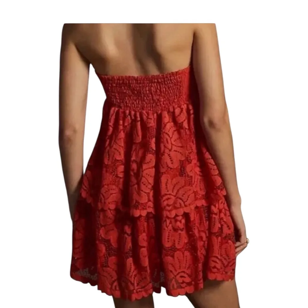 Anthropologie Maeve Lace Strapless Red Floral Tiered Ruffled Mini Dress S - Image 4