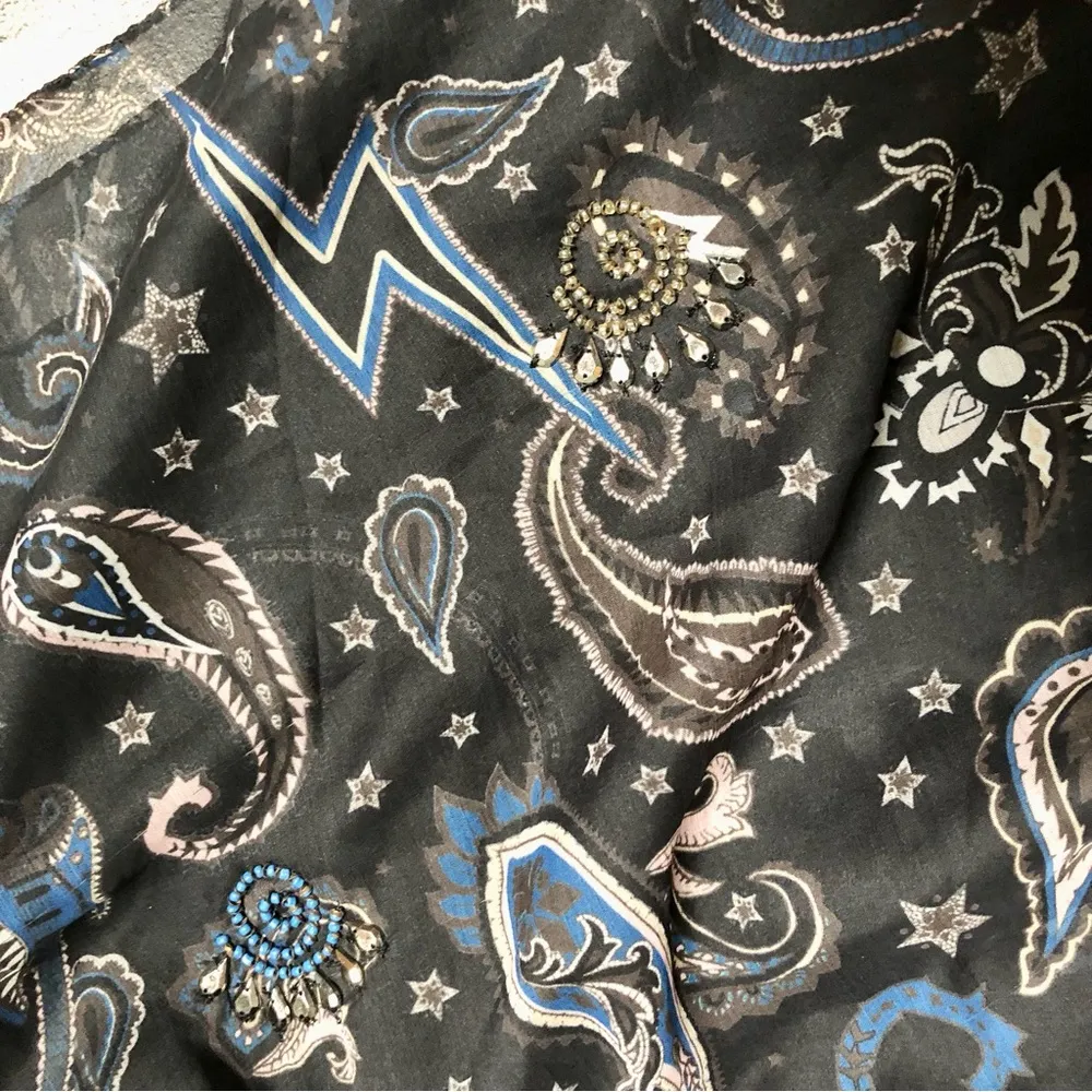 Rimana Paisley Mini Ruffle Beaded Dress Navy Blue Bohemian sz S - Image 13