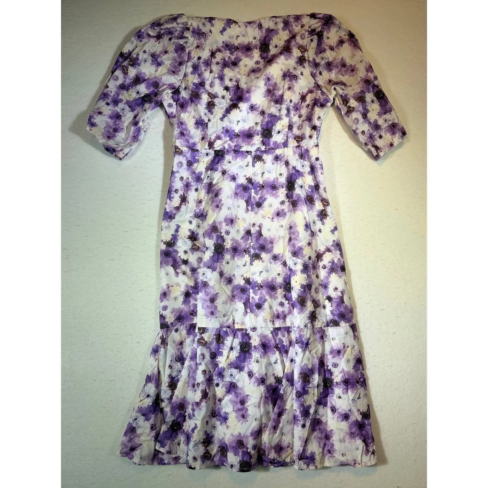 K K Fashion Purple Floral Print Midi Dress Puff Sleeve V Neck Tiered Hem Size L - Image 2