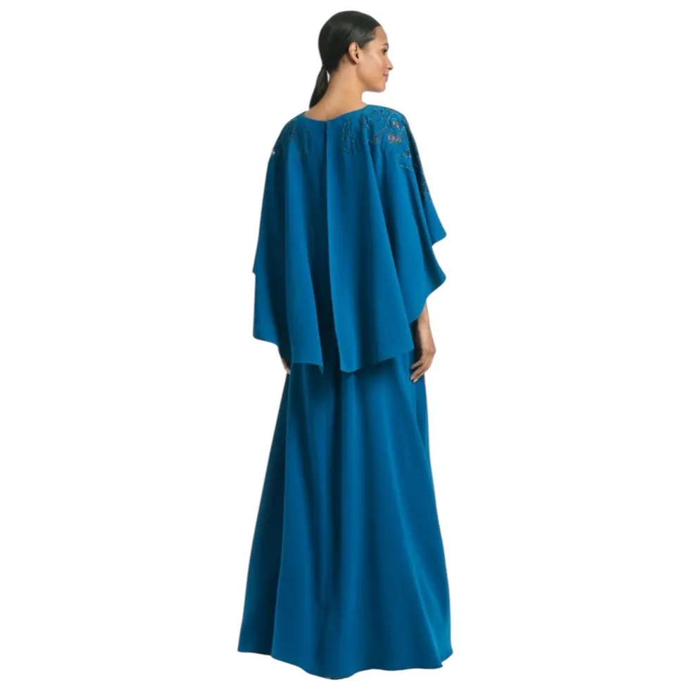 Sachin & Babi Size 12 NEW Moroccan Blue Crepe Embroidered Wren Cape Maxi Gown - Image 3