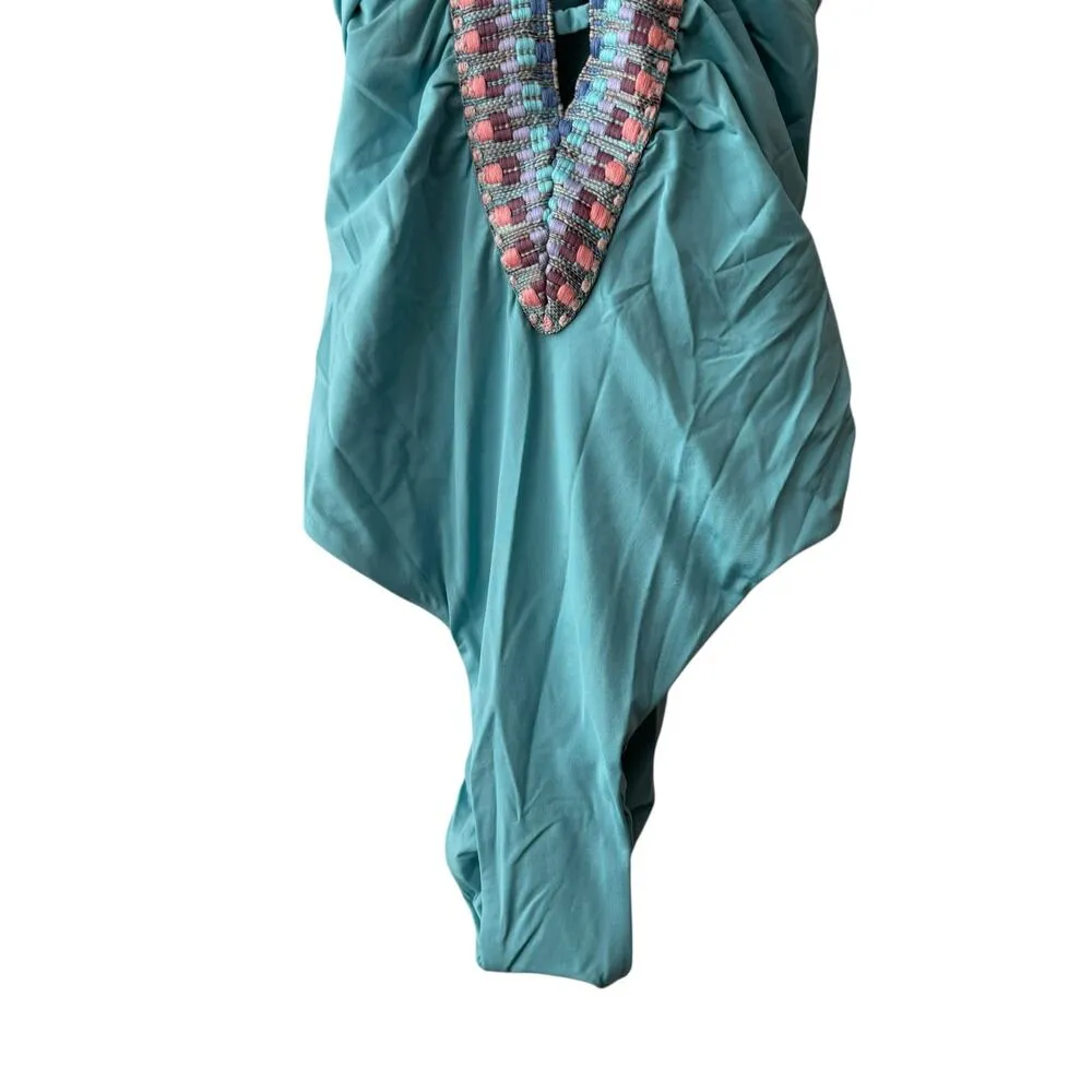 Becca Blue Fiesta Plunge Neck Basket Weave Trim One Piece Swimsuit Size Large - Image 4