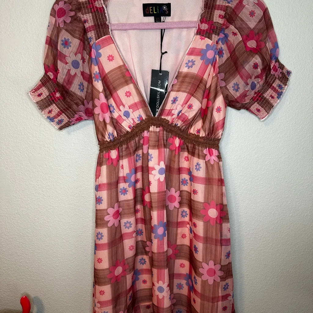 dELiA*s Pink and Brown Floral Plaid Mini Dress Size XS - Image 3