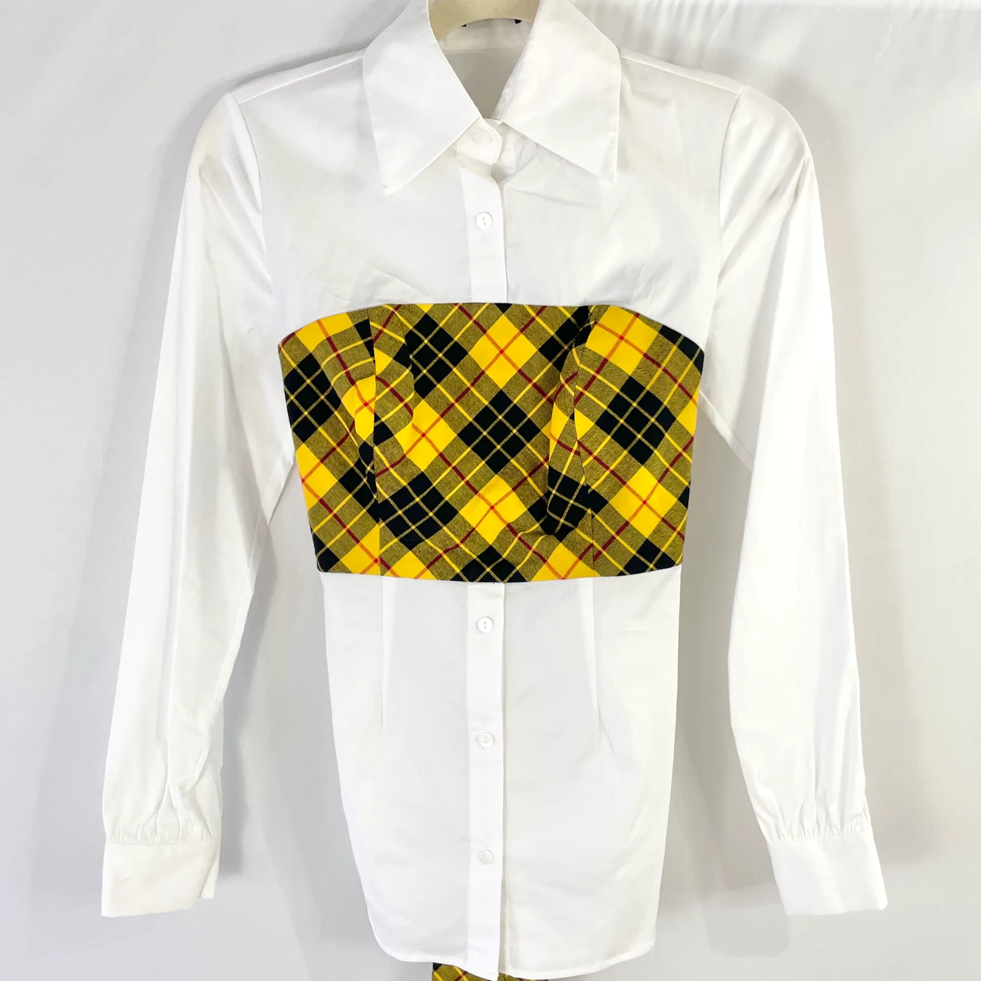 New  Plaid Bodice Overlay Button Down Shirt Monroe Yellow White - Image 5