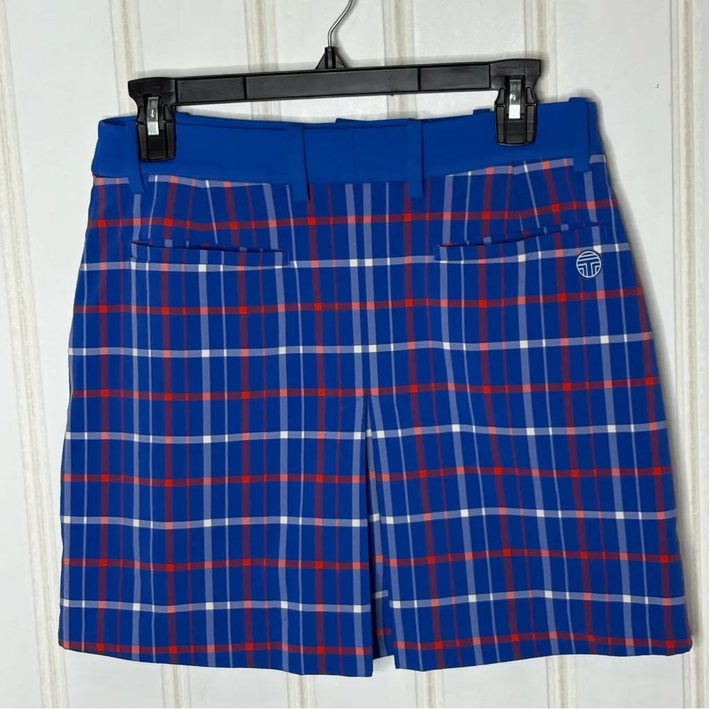 Tory Burch Sport Skirt Skort Large Jacquard Red Blue Check Pockets size M 323 - Image 5
