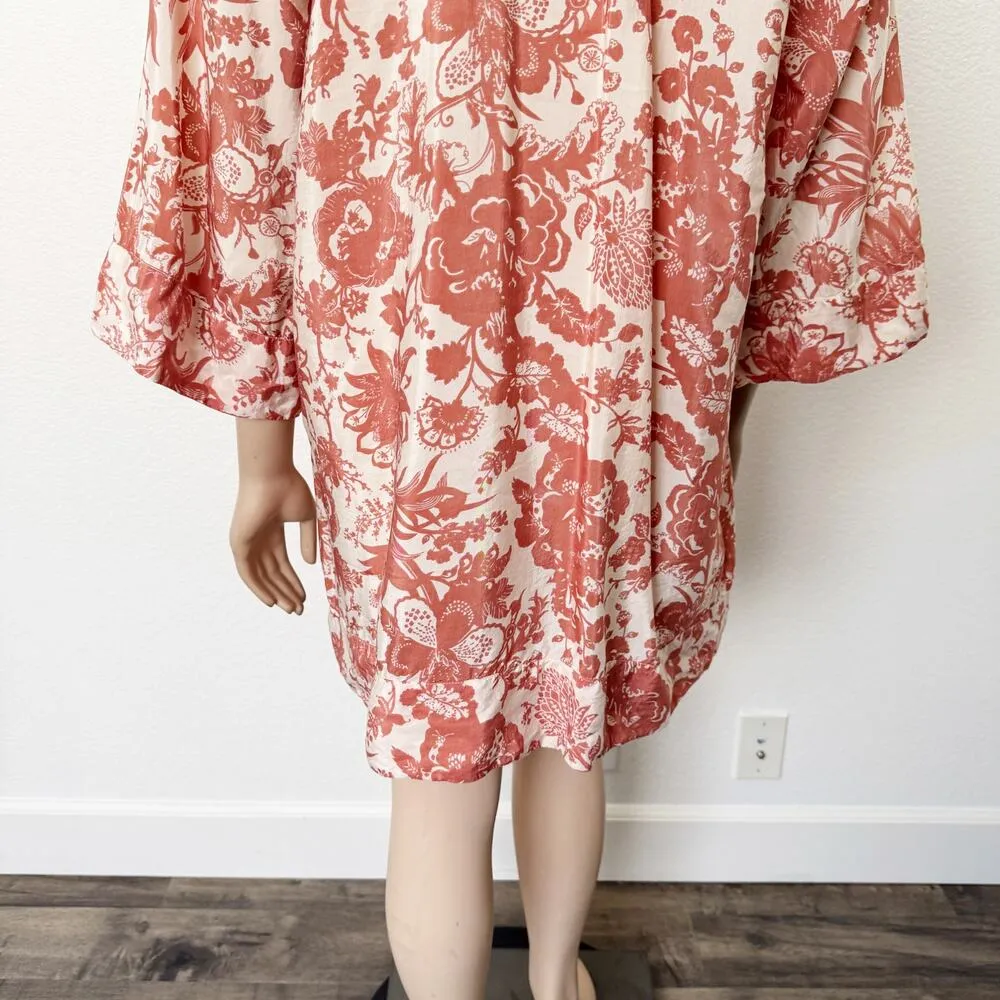 [World Market] Terracotta Pink Floral Print Tunic Top Coverup Split Neck Sz L XL - Image 7