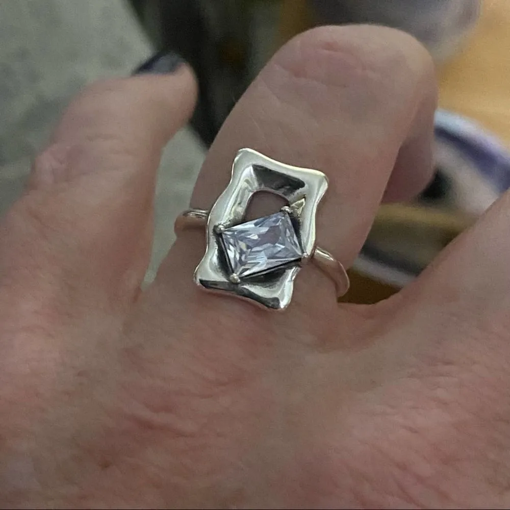 Womens Sterling Silver Geometric Glass Stone Adjustable Ring Silver - Image 4