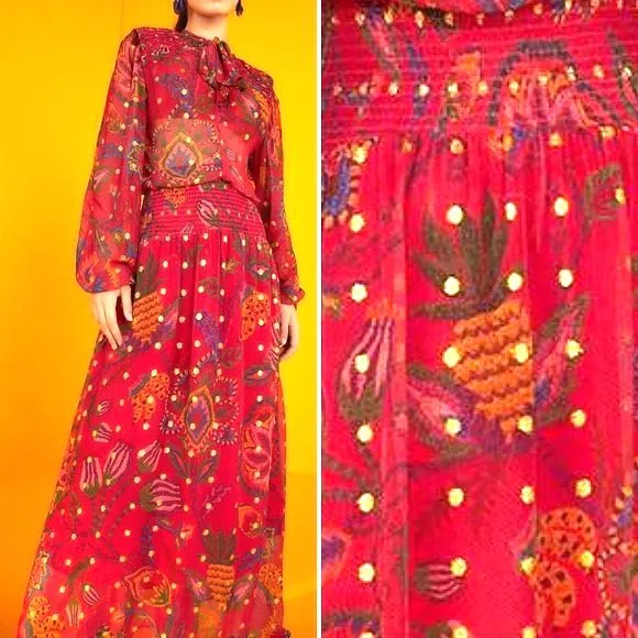 NWT Farm Rio Sunset Tapestry Floral Long Sleeve Boho Maxi Dress Warm Red Size XS - Image 17