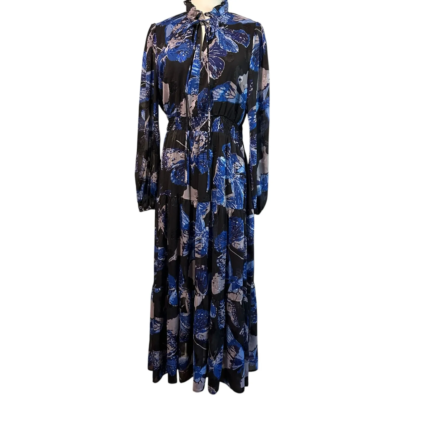 Pinch NWT Maxi Dress S LG Tiered Ruffled Lined Women's Peasant Sleeve Butterfly Blue - Image 10