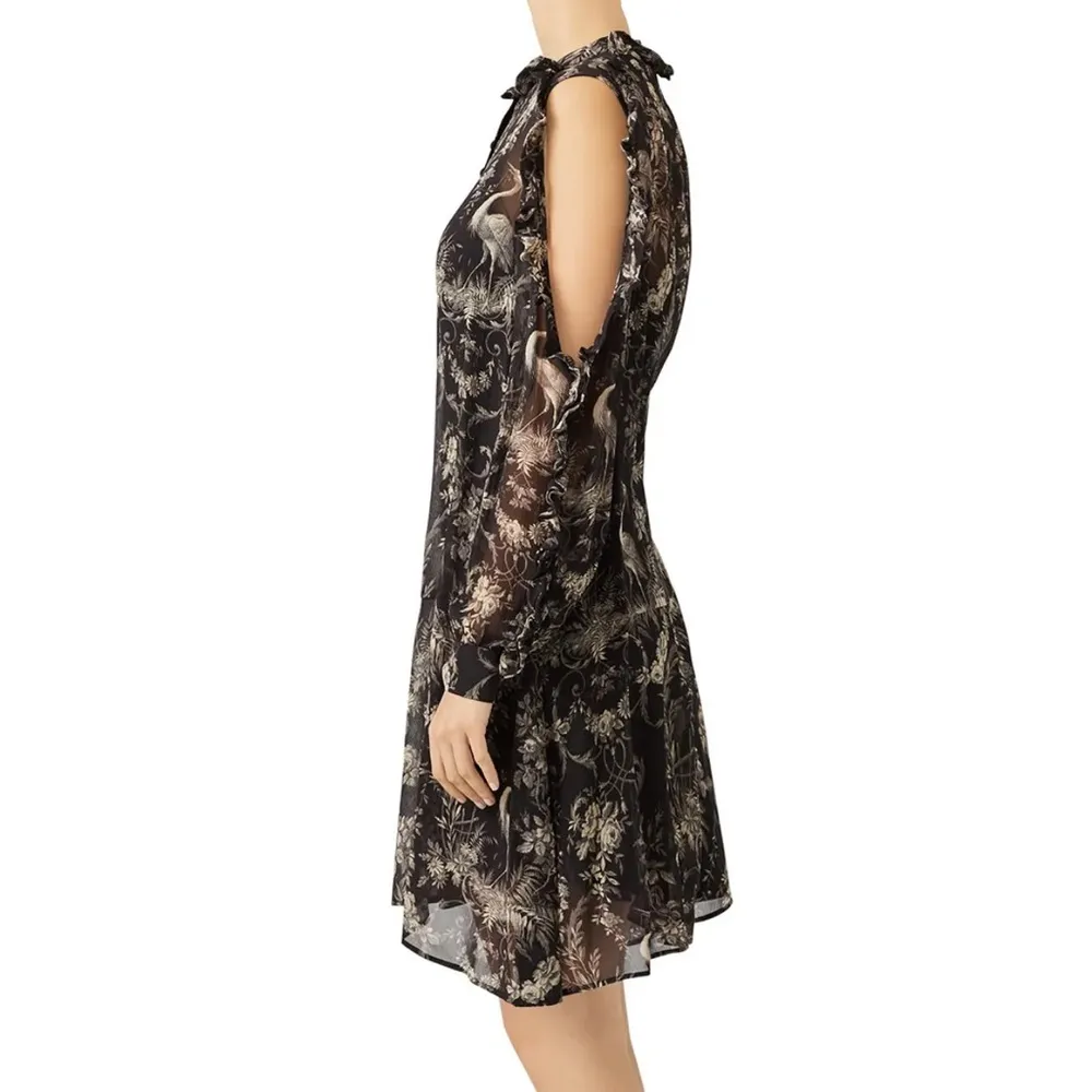 Silk Birdy Print Cold-Shoulder Dress Black Semi-Sheer Pattern AOP L - Image 3