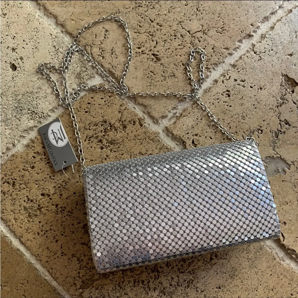 Jessica McClintock Metal Mesh Roll Bag Clutch Purse Crossbody Silver Chain - Image 11