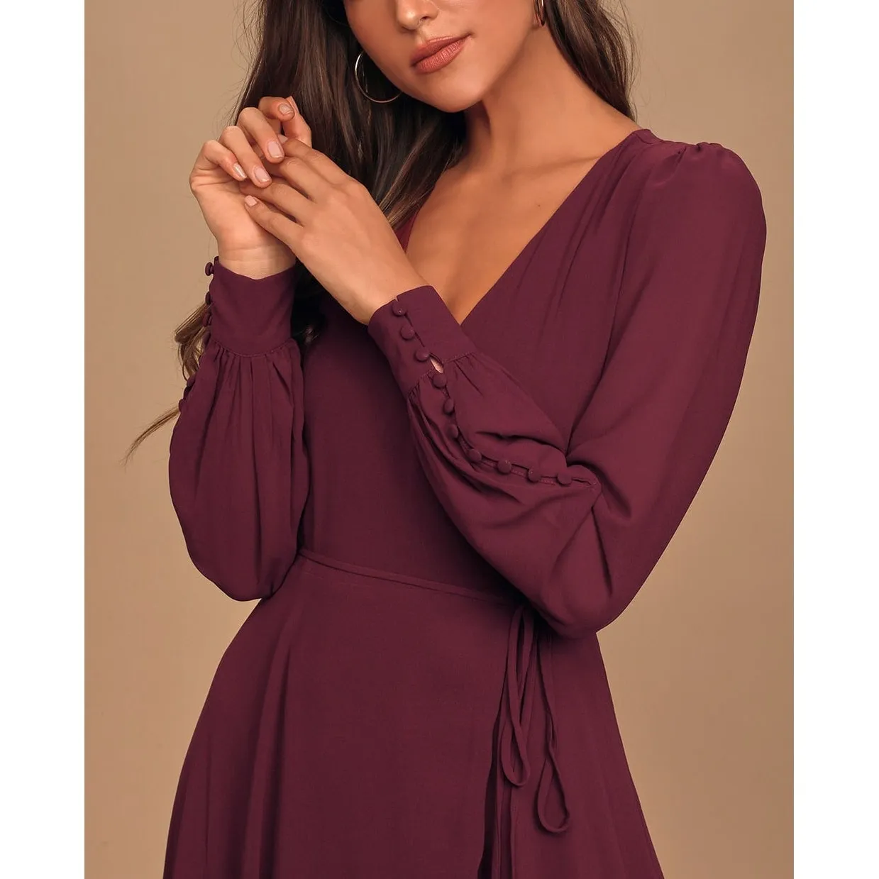 Lulus NWT My Whole Heart Plum Long Sleeve Balloon Sleeves Wrap Maxi Dress XL - Image 4
