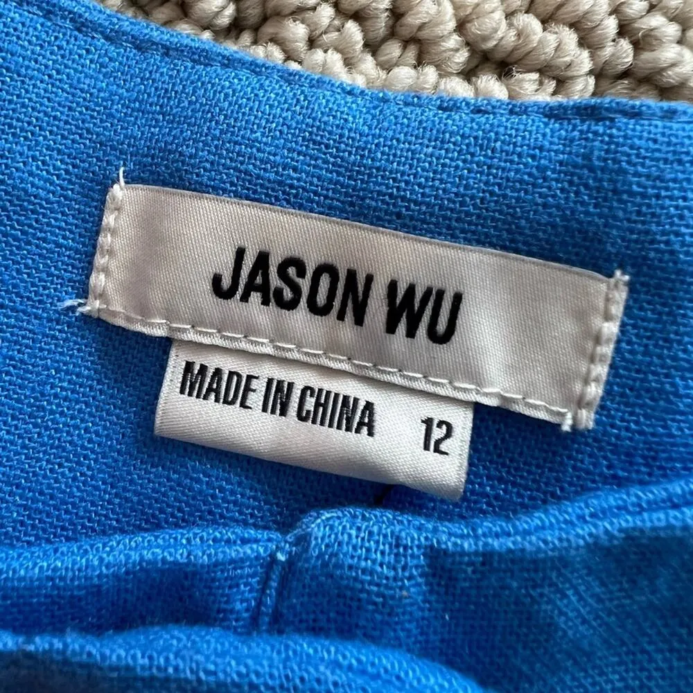 Jason Wu Linen Blend High Waisted Wide Leg Pants, Blue, Size 12, Braided, Flowy - Image 5