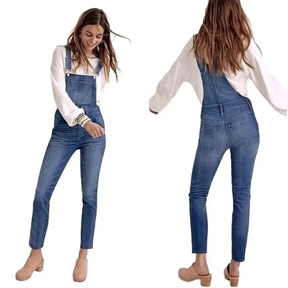 Madewell Indigo Skinny Overalls Denim Classic Workwear Ankle Raw Hem - Image 5