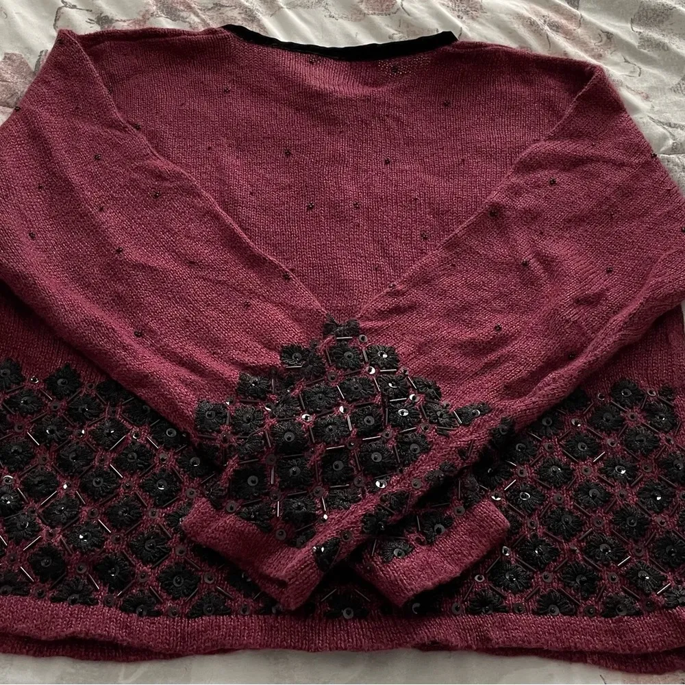 Vintage Curio maroon black boho floral embroidered beaded cardigan, size S Red - Image 13