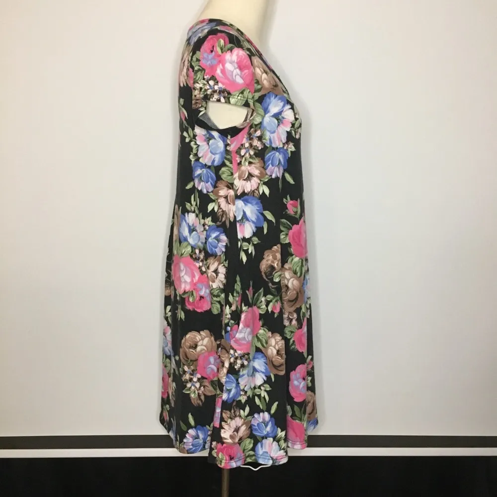 TEE FOR THE SOUL Black Pink Blue Floral Flowy Swing Dress Medium - Image 3