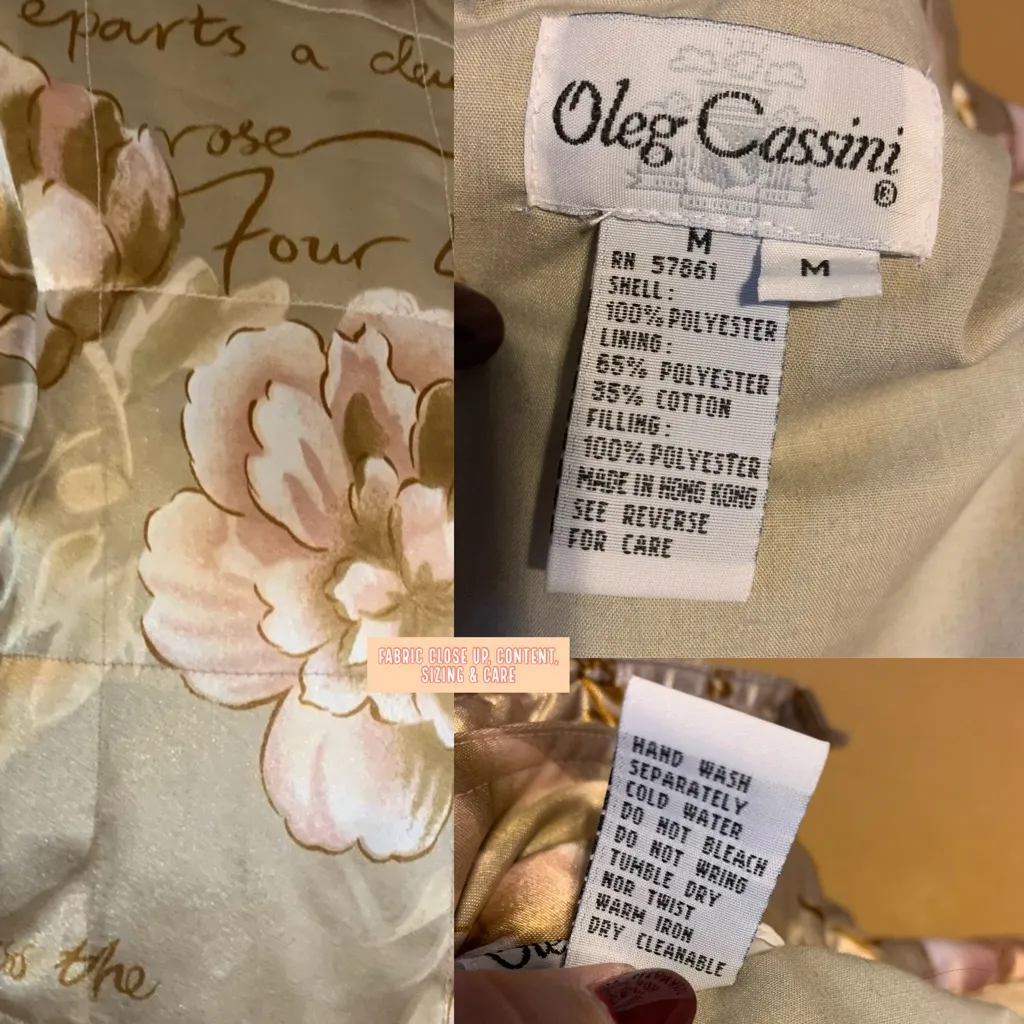 VINTAGE OLEG CASSINI FLORAL PRINT CREAM A PINK BLUSH SATIN BOMBER JACKET (M) - Image 10