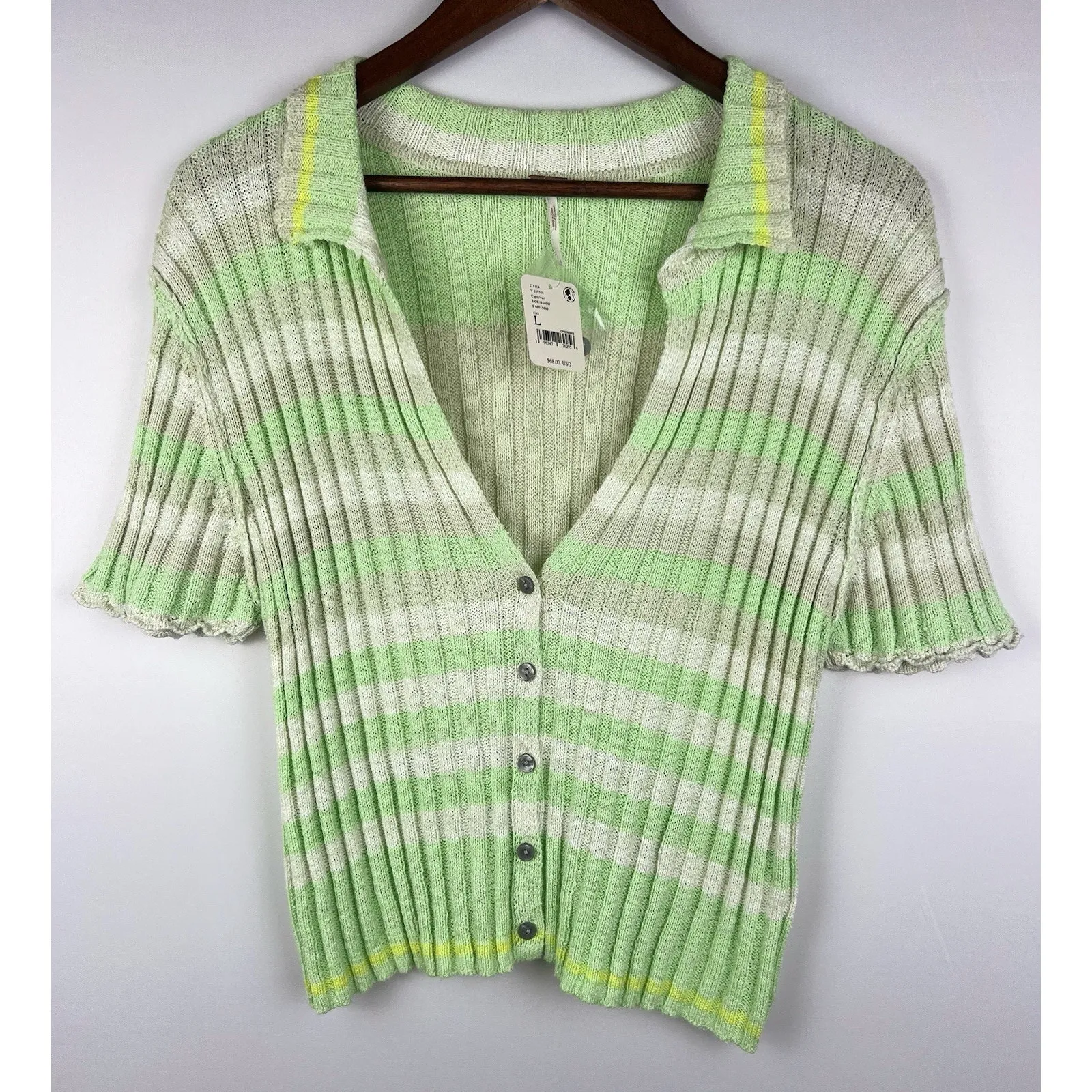 Free People Cardi Cardigan Green Stripes Buttoned Top Sz L - Image 11