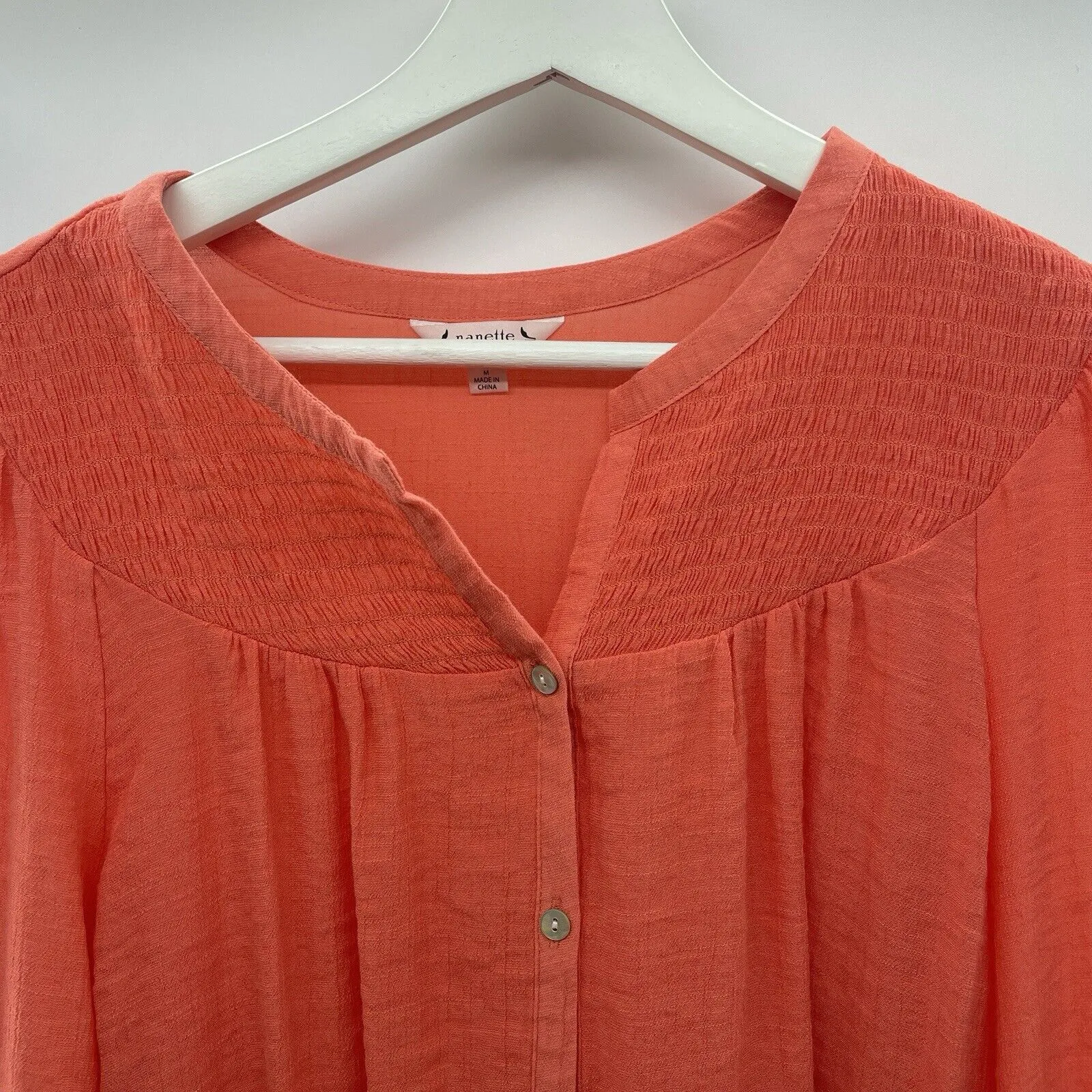 Nanette Lepore Sz M Button Down Shirt Long Sleeve Smocked Yolk Top Gauzy Blouse - Image 6