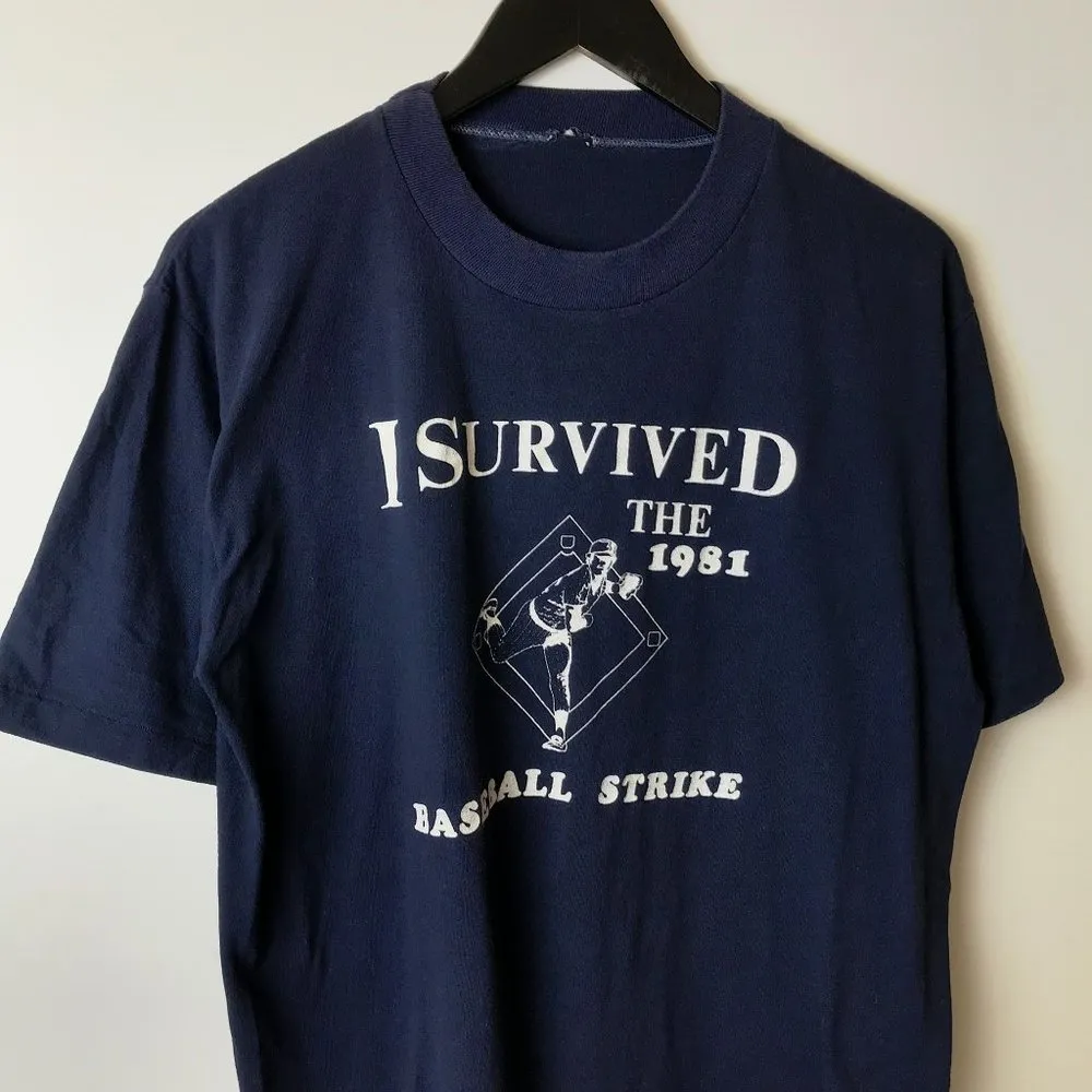 1981 Vintage I Survived Baseball Strike Pitcher T Shirt Single Stitch 80s Blue L Size L - Image 11