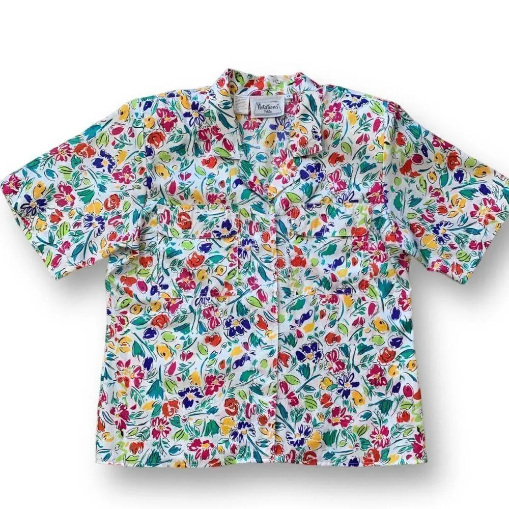 Vintage Notations Petite Shirt White Multicolored Lime Green Flower Button Up Size 12P - Image 5