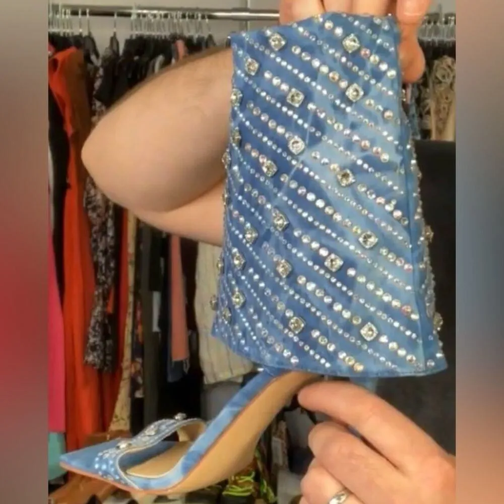Azalea Wang Stefani Stiletto Rhinestone Denim Sandal, Size US 11, New with Tag Blue - Image 12