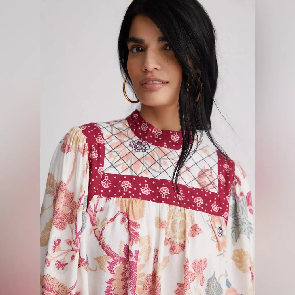 Anthropologie Quilted Floral Blouse Boho Western Peasant Top – Size L - Image 3